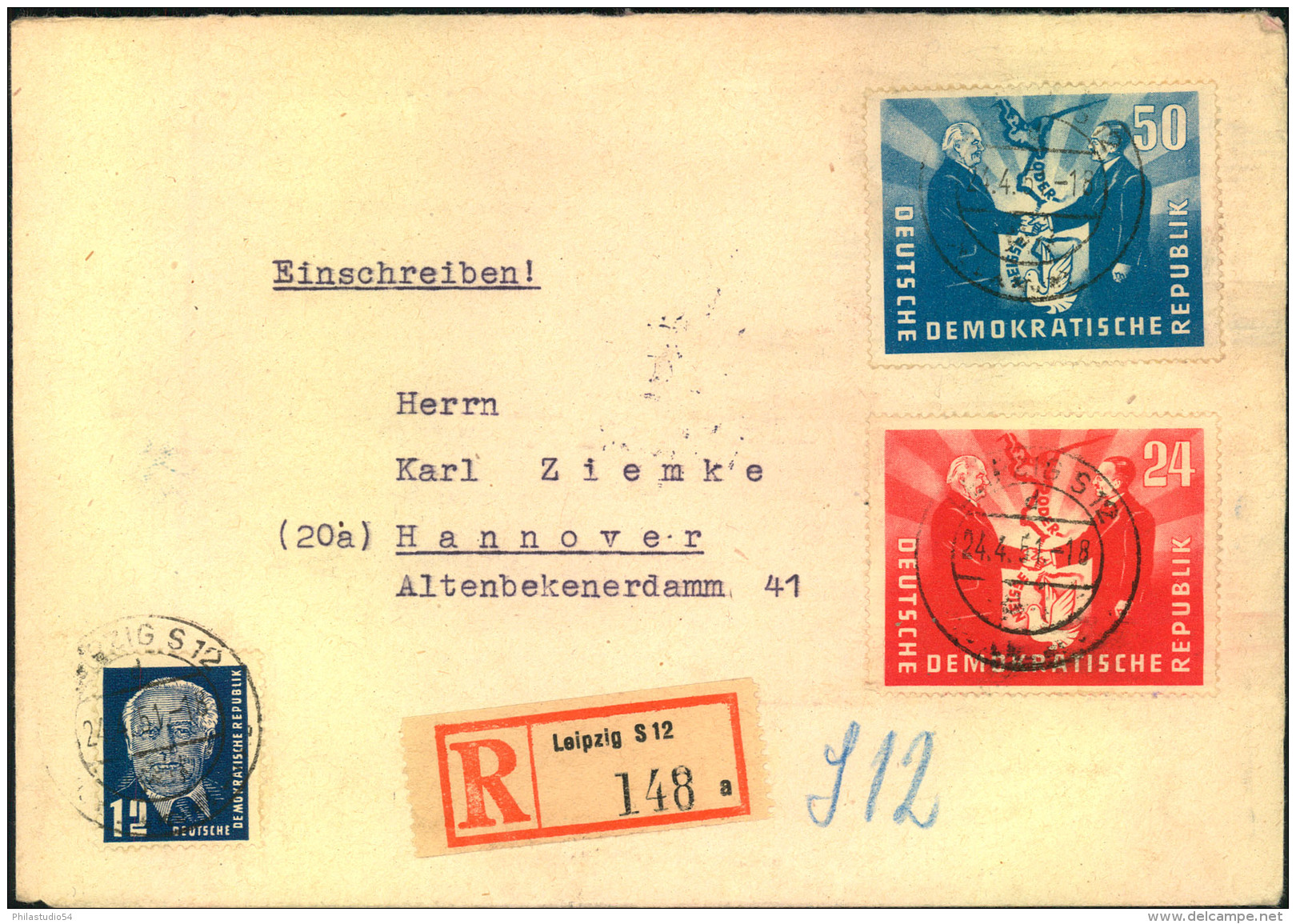 1951, Deutsch-Polnische Freundcshaft Komplette Mit Zusatzfrankatur Auf Portogerechtem Einschreiben Ab LEIPZIG S 12 - Lettres & Documents