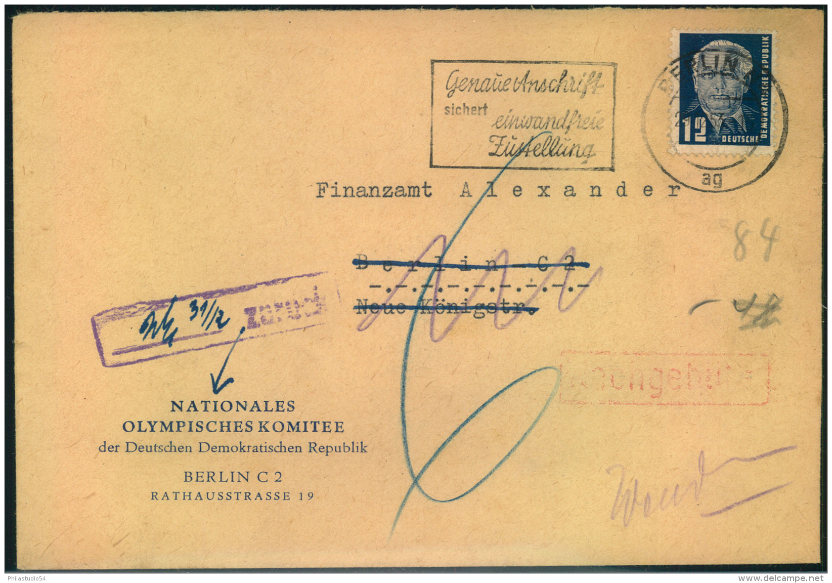 1954, Brief Mit Eingedrucktem Absender NATIONALES OLYMPISCHES KOMITEE DER DDR. Nachgebühr. - Storia Postale
