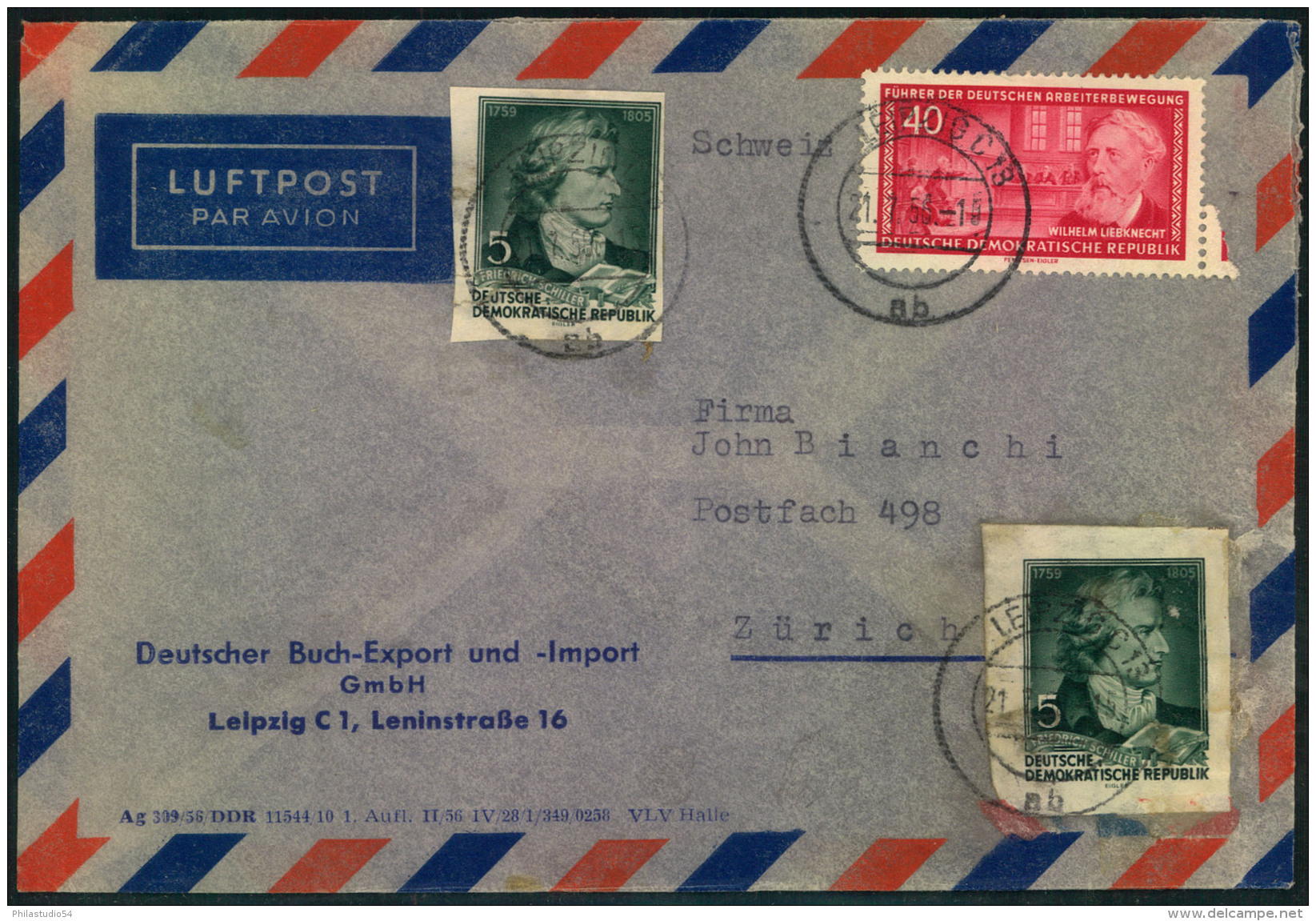 1956, Luftpostbrief Mit 2-mal 5 Pfg. Schiller Aud Block 12 Und 40 Pfg. Liebknecht. Spuren Aber Seltener. - Other & Unclassified
