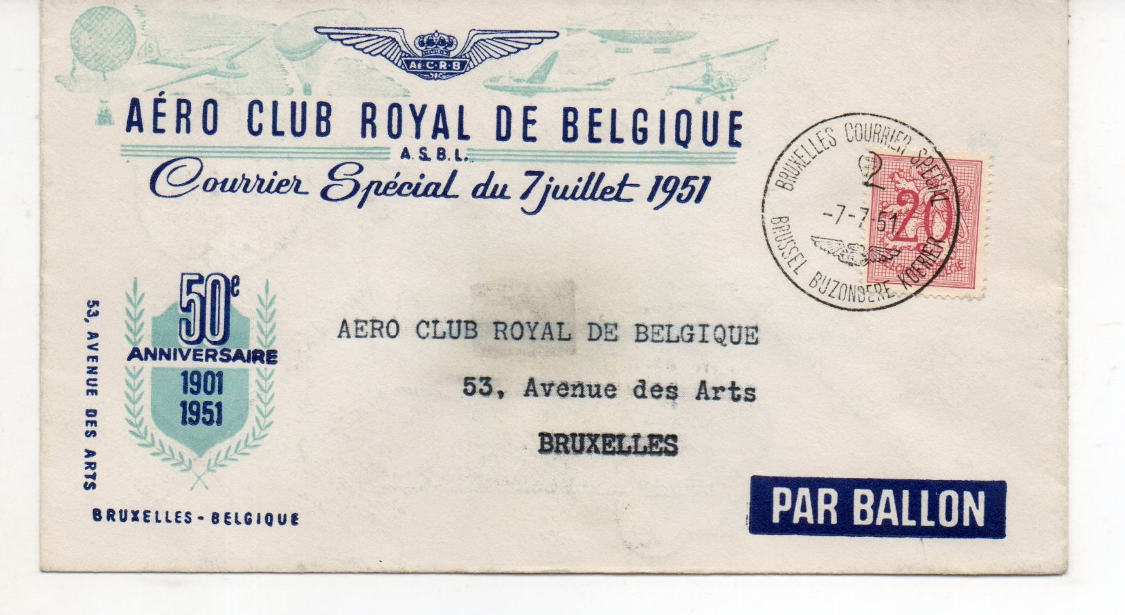 COURRIER PAR BALLON   6 Pieces  Aero Club Royal De Belgique  Courrier Special Du 7 Juillet 1951 50e Ann 1901 1951 - Non Classés