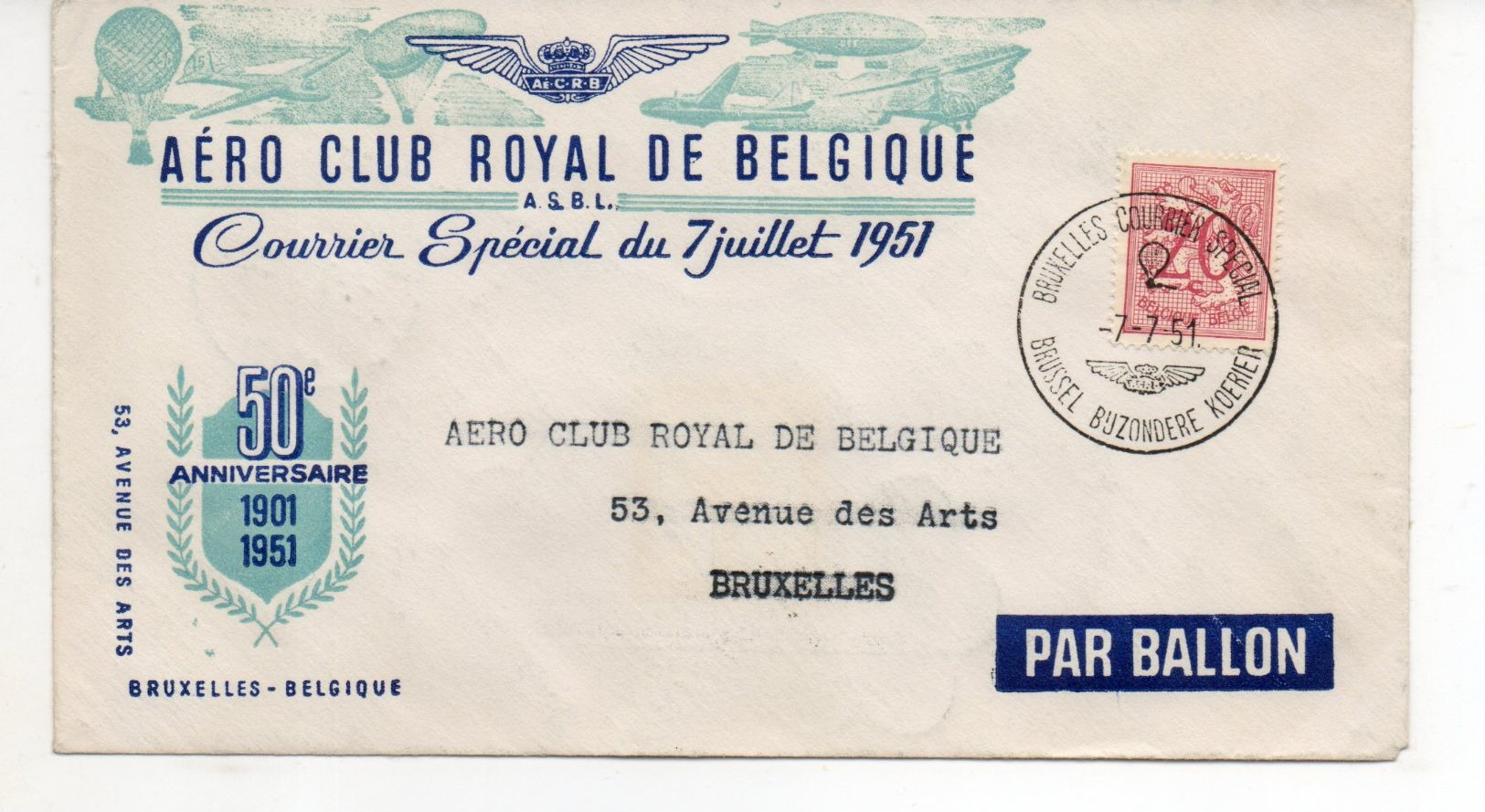 COURRIER PAR BALLON   6 Pieces  Aero Club Royal De Belgique  Courrier Special Du 7 Juillet 1951 50e Ann 1901 1951 - Non Classés