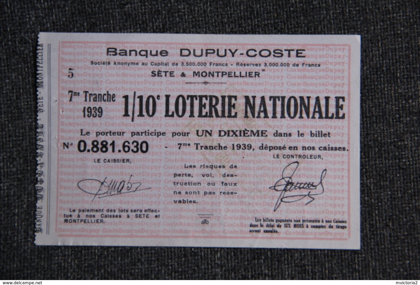 Billet De LOTERIE - Banque DUPUY COSTE - 1939 - Lotterielose