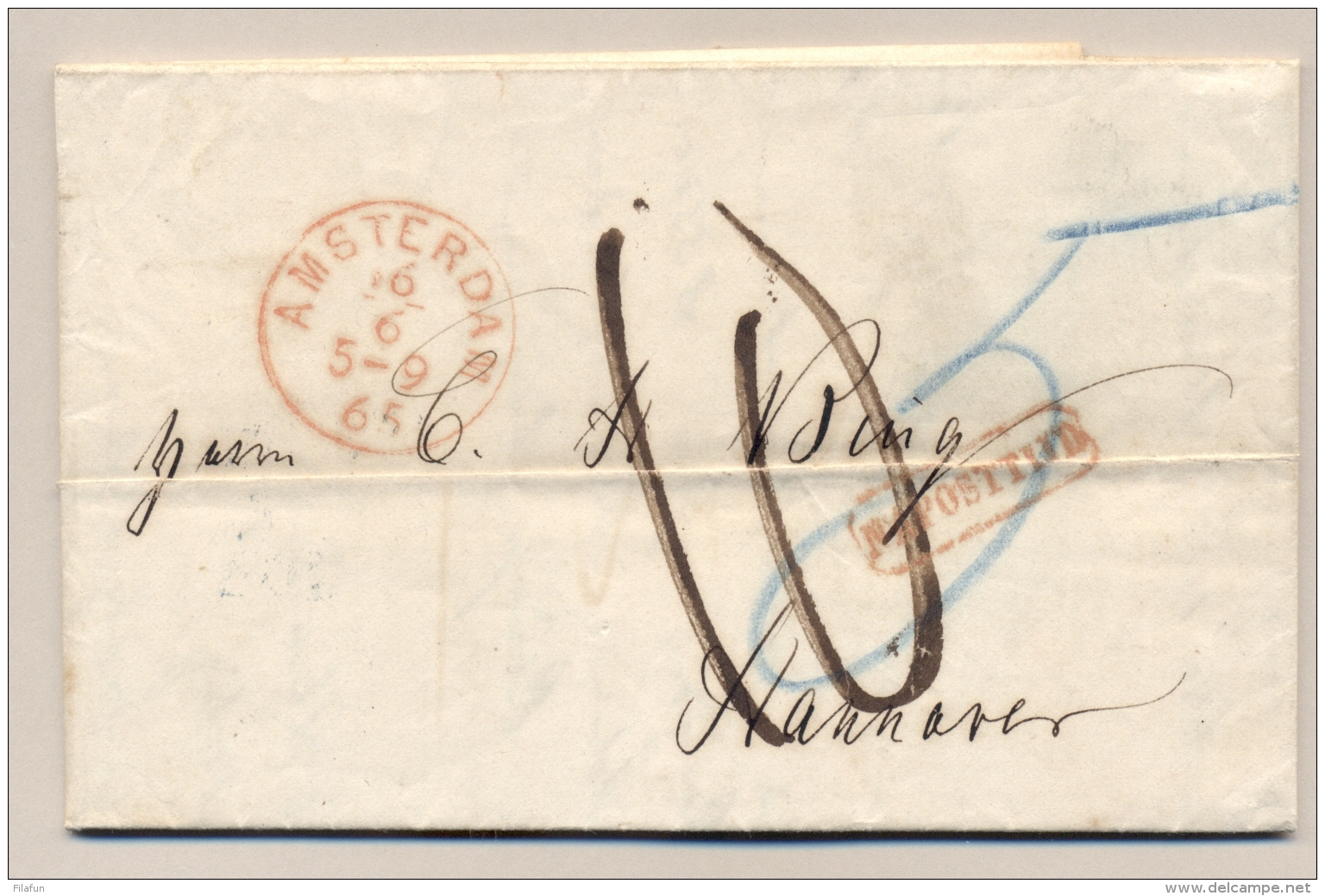 Nederland - 1865 - Complete Vouwbrief Van Amsterdam - Na Posttijd - Naar Hannover / Nachts - ...-1852 Voorlopers