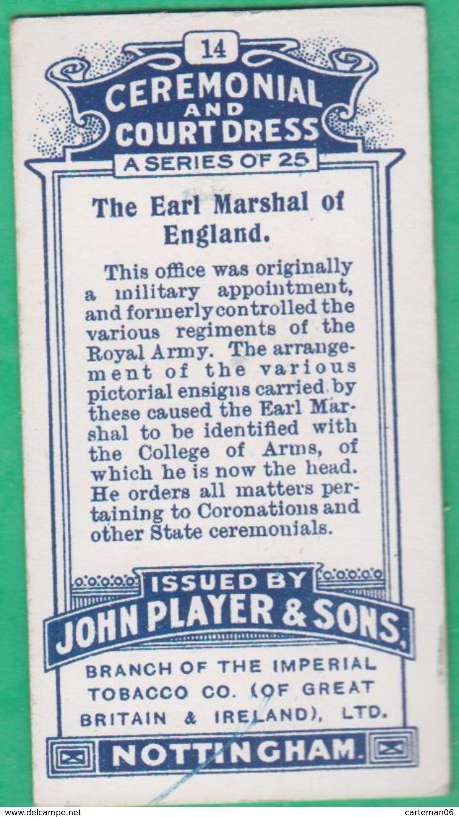 Chromo John Player & Sons, Player's Cigarettes, Ceremonial And Court Dress - The Earl Marshal Of England N°14 - Player's