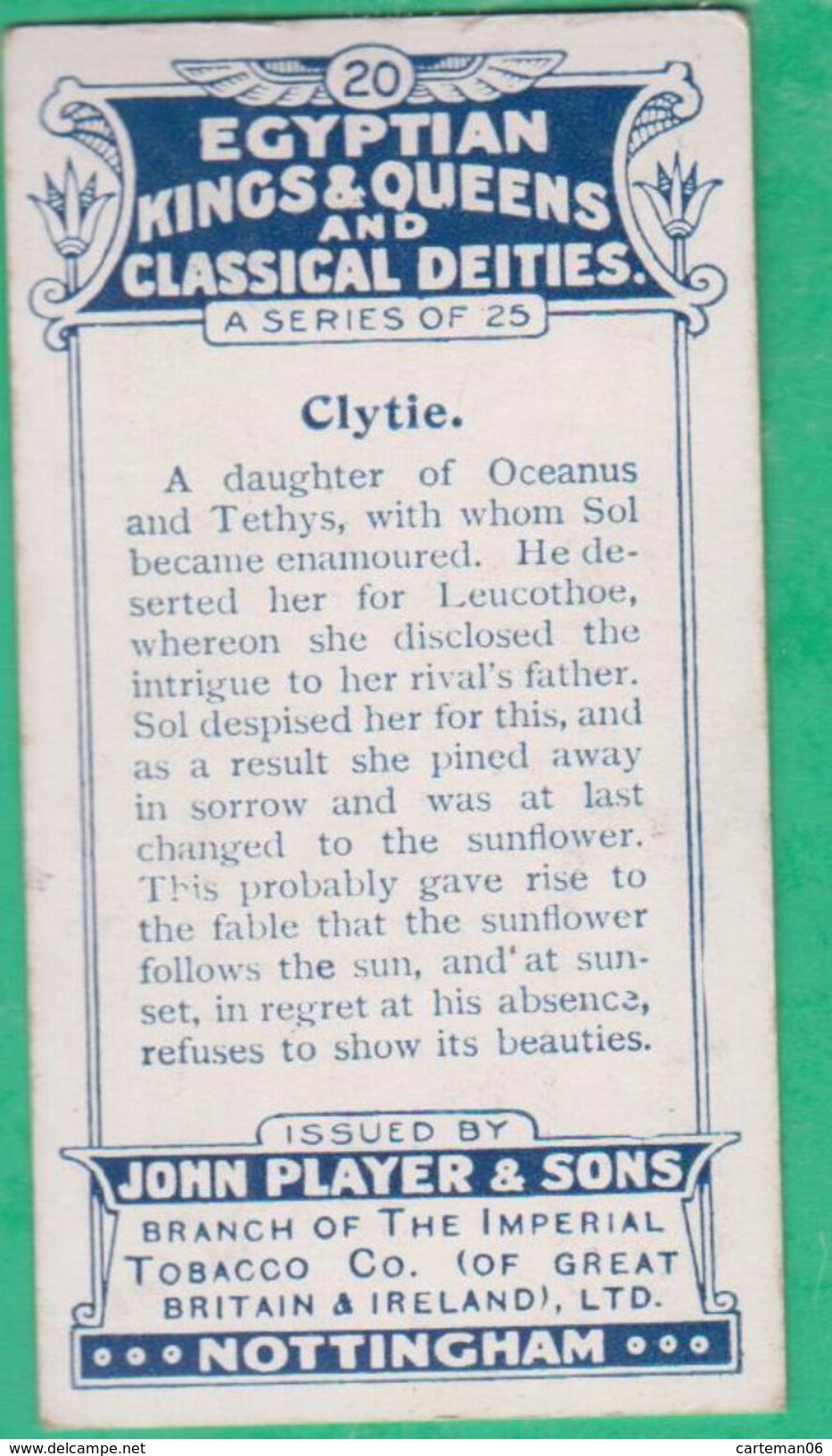 Chromo John Player & Sons, Player's Cigarettes, Egyptian Kings & Queens And Classical Deities - Clytie N°20 - Player's