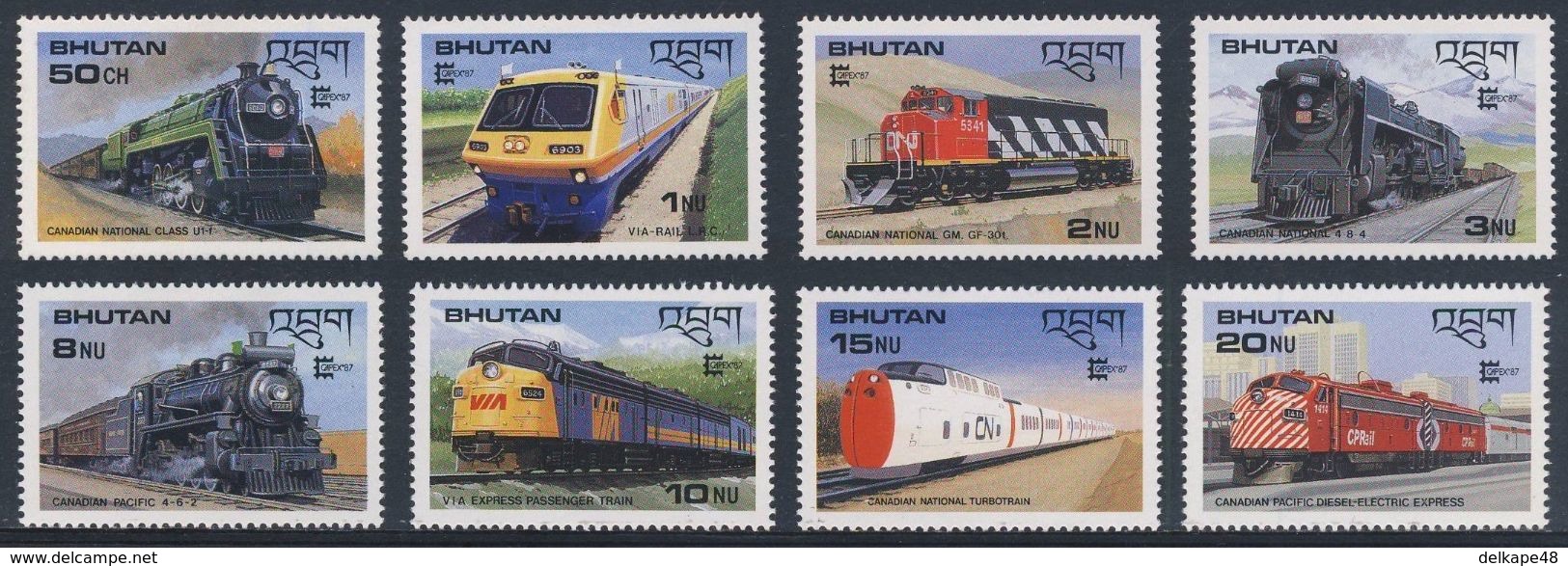 Bhutan 1987 Mi 1028 /35 + B143 + B144 ** Canadian Railways / Kanadische Lokomotiven - "Capex '87, Toronto - Bhutan