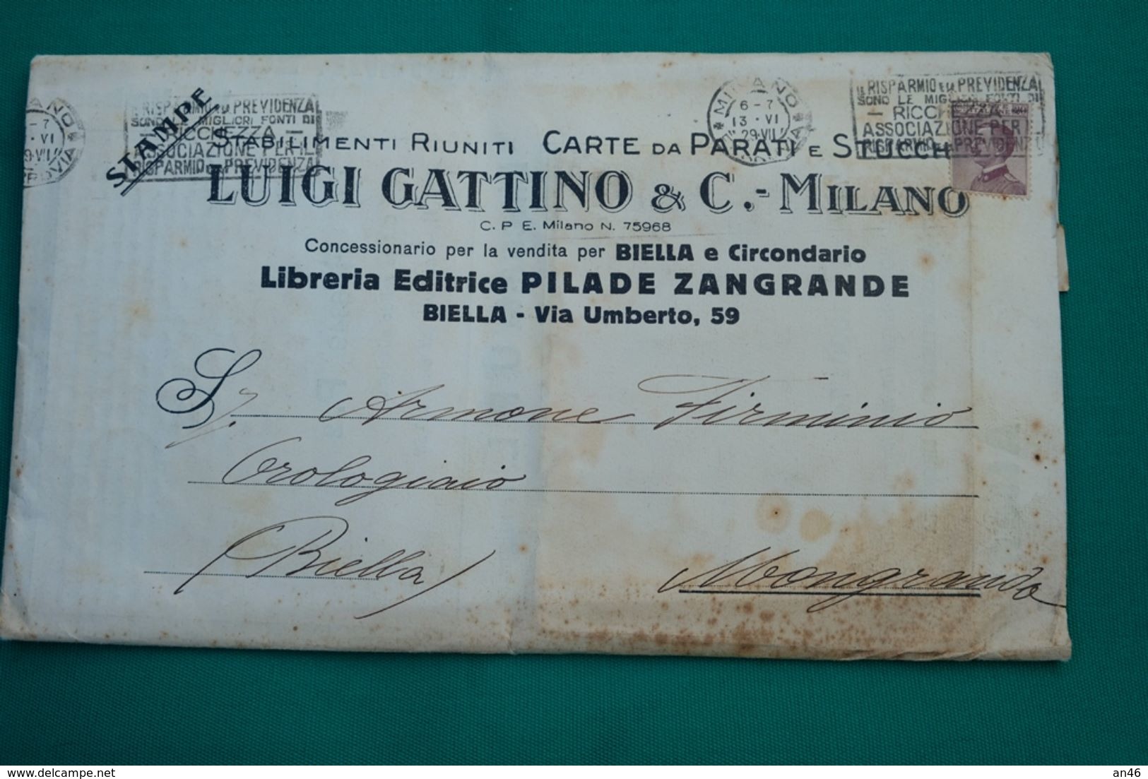 PUBBLICITA'_ADVERTISING_PLICO STABILIMENTI RIUNITI CARTE DA PARATI E STUCCHI " LUIGI GATTINO & C-Milano_Vg 13.6.1929- - Pubblicitari