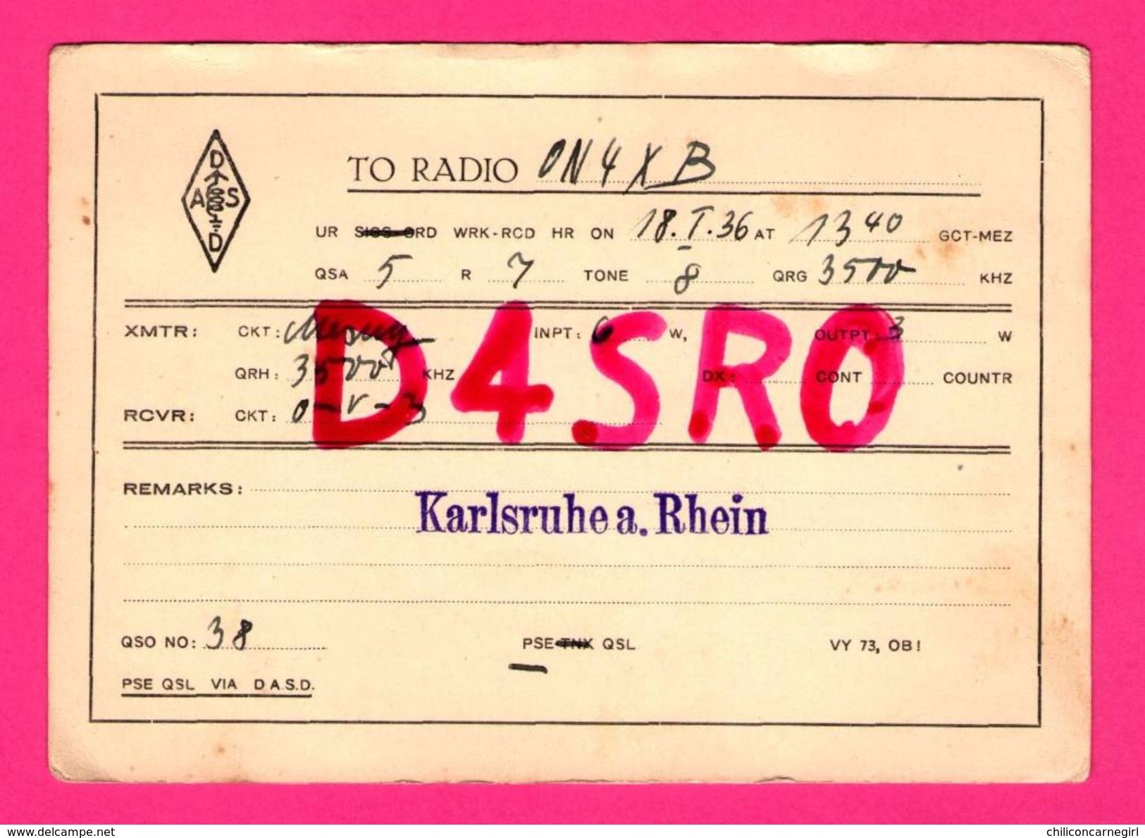 QSL - Radio - D4SRO - Karlsruhe A. Rhein - 1936 - DASD - PSE QSL Via D.A.S.D. - Amateurfunk