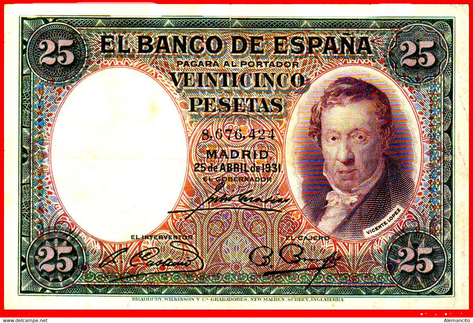 BILLETE DE 50 PESETAS DE ESPAÑA. MADRID, 25 DE ABRIL DE 1931. VICENTE LOPEZ.SIN SERIE 8,676,424 - 50 Pesetas