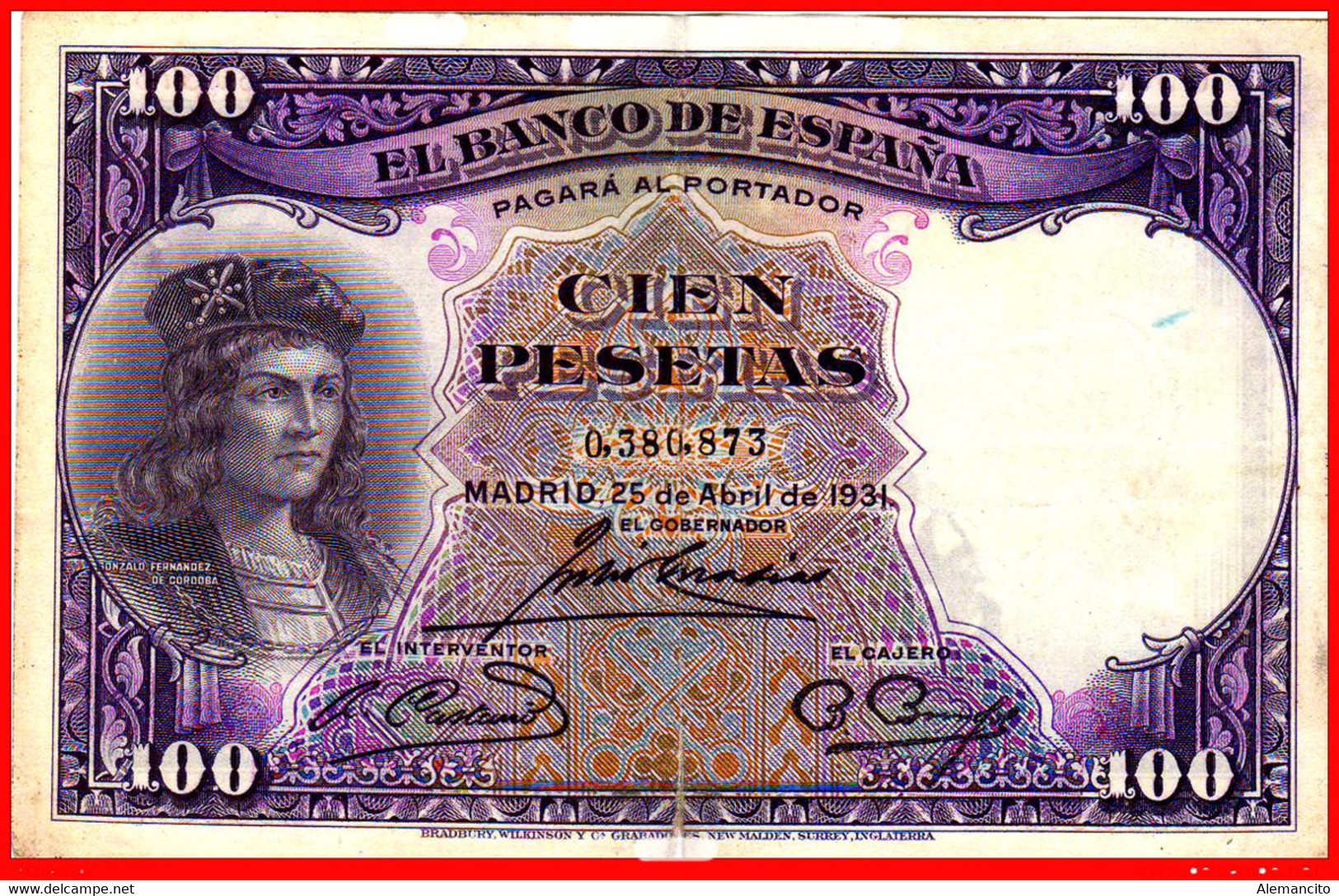 BILLETE DE 100 PESETAS DE ESPAÑA. MADRID, 25 DE ABRIL DE 1931. FERNANDEZ DE CORDOBA.SIN SERIE 0,380,873 - 100 Pesetas