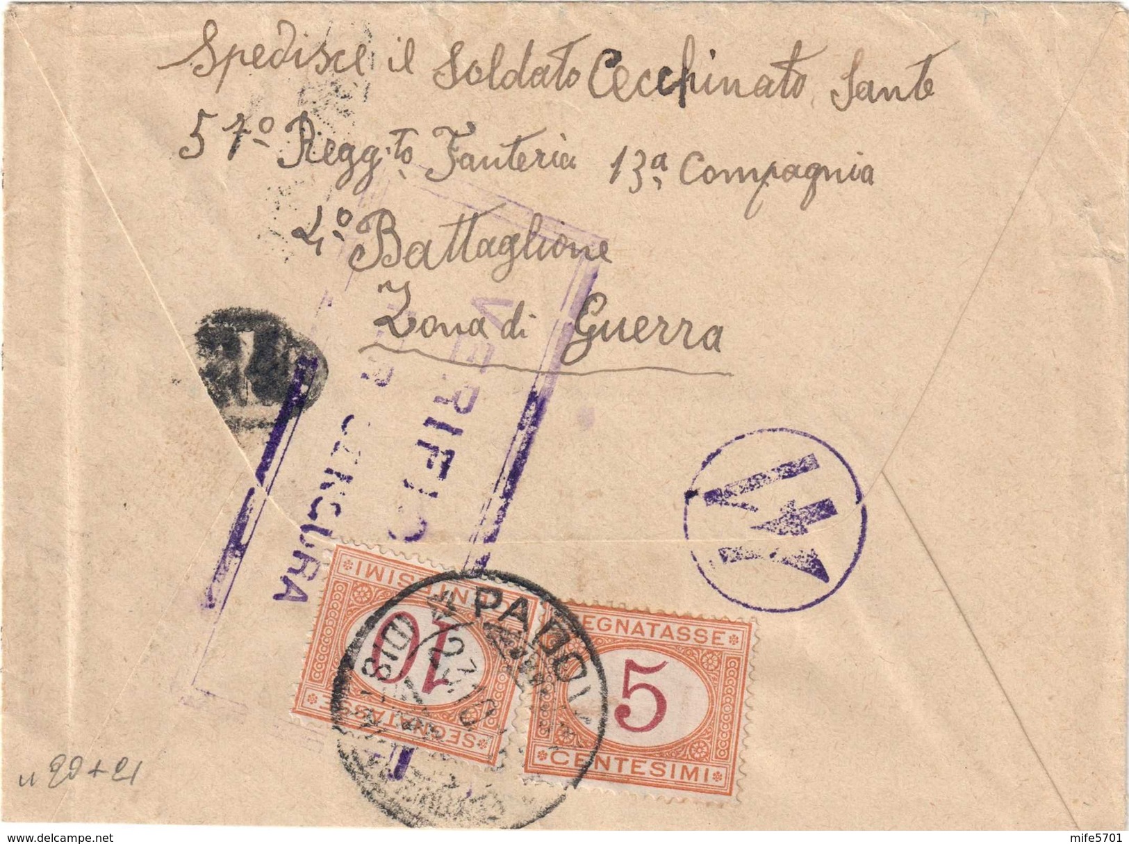 UFFICIO POSTA MILITARE 15° DIVISIONE PER PADOVA, 21/10/1915 - TASSATA AL RETRO CON C. 5 + 10 - SASSONE TAX 20 / 21 - Segnatasse