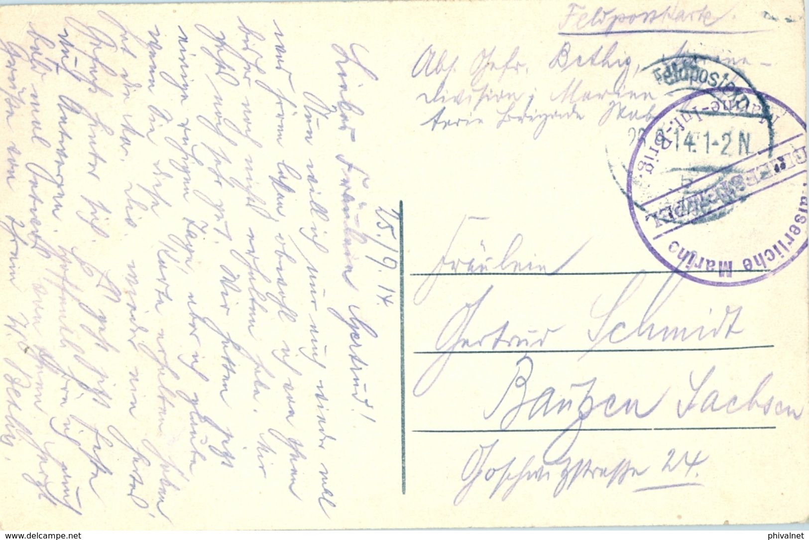 1914 , ALEMANIA , TARJETA POSTAL CIRC. A BAUTZEN , FELDPOSTKARTE , FRANQUICIA DE LA MARINA IMPERIAL ALEMANA - Cartas & Documentos