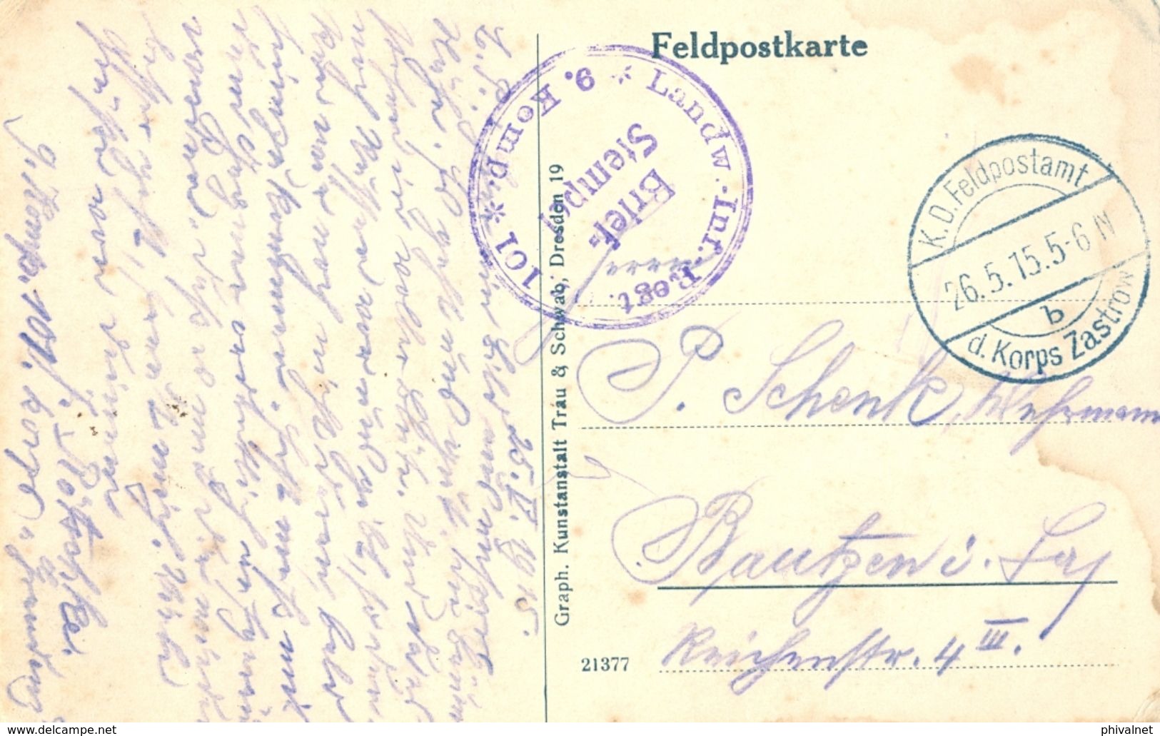 1915 , ALEMANIA , TARJETA POSTAL CIRC. A BAUTZEN , FELDPOSTSTAMT , D. KORPS ZASTROW - LANDW . INF . REGT. 9 KOMP . 101 - Cartas & Documentos