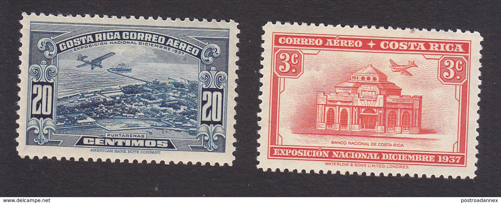 Costa Rica, Scott #C33, C36, Mint Hinged, Puntarenas, National Bank, Issued 1937-38 - Costa Rica