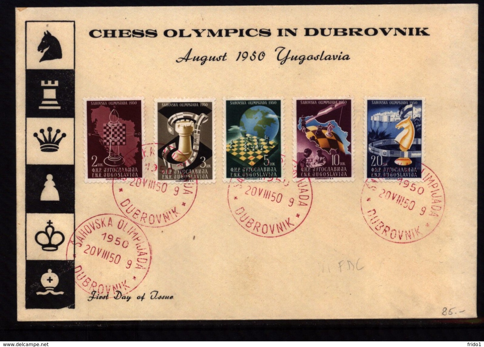 Jugoslawien / Yugoslavia / Yougoslavie 1950 Schach Olympiade / Chess Olympiad Dubrovnik Michel 616-620 FDC  Red Postmark - Covers & Documents