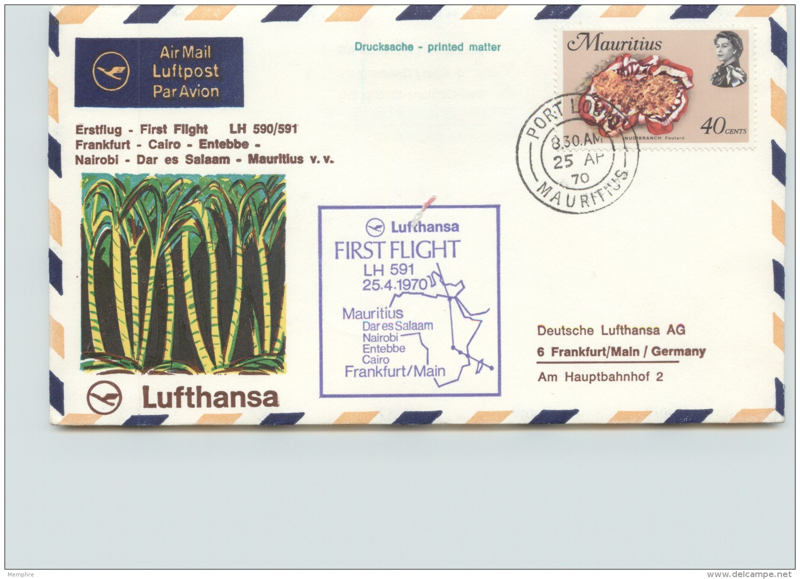 1970  Lufthansa  First Flight Mauritius - Frankfurt  SG 372 - Mauritius (1968-...)