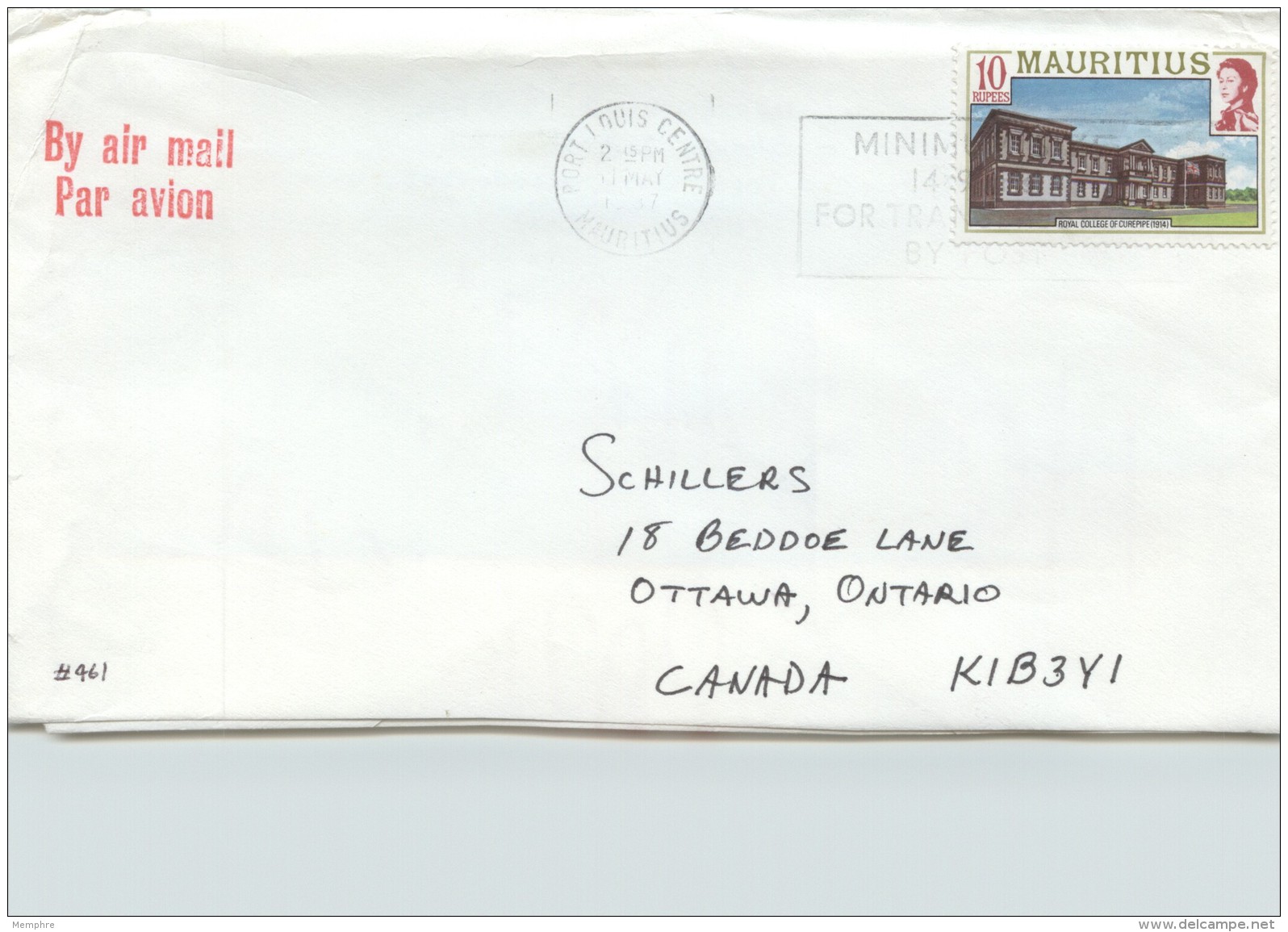 1987  Air Letter To Canada  Curepipe Royal College 10 Rupees  SG 546 - Mauritius (1968-...)