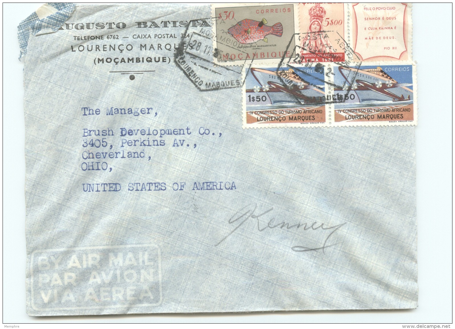 1952  Lettre Avion Pour Les USA  Année Mariale, Avec Vignette,Congrès Du Tourisme Africain X2, Poisson - Mozambique