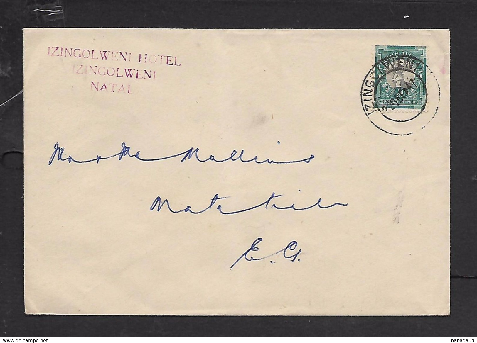 S.Africa, Cover, 1/2d,  From  IZINGOLWENI HOTEL, NATAL, IZINGOLWENI 22 DEC 47 > Matatiele - Covers & Documents