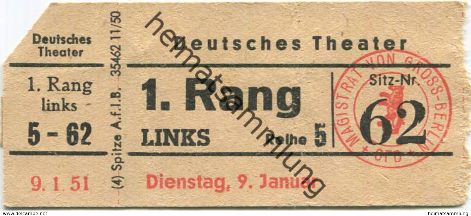 Deutschland - Berlin - Deutsches Theater - Eintrittskarte 1951 - Biglietti D'ingresso