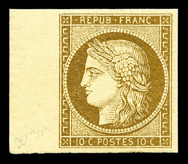 ** N°1a, 10c Bistre-brun, Grand Bord De Feuille Latéral, Fraîcheur Postale. SUPERBE. R. (signé Brun/certificat)    Quali - 1849-1850 Ceres