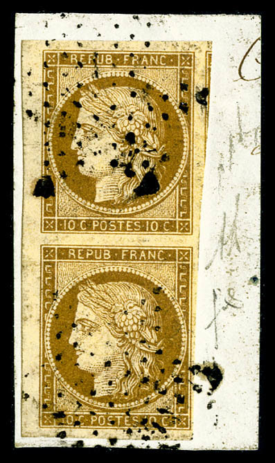 O N°1a, 10c Bistre-brun En Paire Verticale, Petit Bord De Feuille Latéral Sur Fragment, Très Jolie Pièce, TTB (certifica - 1849-1850 Cérès
