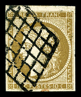 O N°1b, 10c Bistre-verdâtre, Oblitération Grille, TB (signéScheller/certificat)  Cote: 500 Euros  Qualité: O - 1849-1850 Ceres