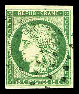 O N°2, 15c Vert Oblitération Gros Points Carrés. TTB (signé Scheller/certificat)  Cote: 1500 Euros  Qualité: O - 1849-1850 Ceres