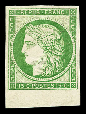 * N°2e, 15c Vert, Impression De 1862, Bord De Feuille Inférieur. TTB (certificat)  Cote: 850 Euros  Qualité: * - 1849-1850 Ceres