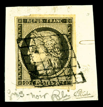 O N°3c, 20c Gris-noir Sur Petit Fragment, Très Jolie Nuance, TTB (signé Calves/certificat)  Cote: 500 Euros  Qualité: O - 1849-1850 Ceres