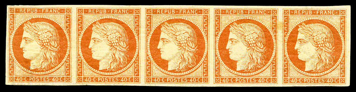 ** N°5A, 40c Orange Foncé En Bande De Cinq (2ex*). PIECE SUPERBE. R.R.R (certificat)    Qualité: ** - 1849-1850 Cérès