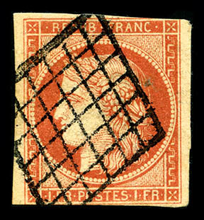 O N°7a, 1F Vermillon-vif , Filet Effleuré En Haut Sinon TB (signé Scheller/certificat)   Cote: 26500 Euros  Qualité: O - 1849-1850 Cérès