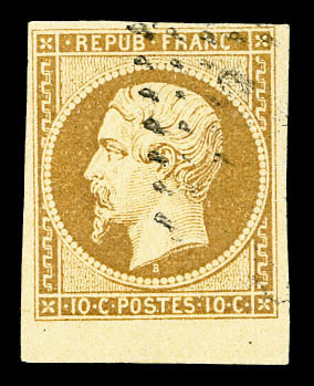 O N°9, 10c Bistre-jaune Obl PC Très Léger, Bord De Feuille. SUP (certificat)  Cote: 750 Euros  Qualité: O - 1852 Louis-Napoléon