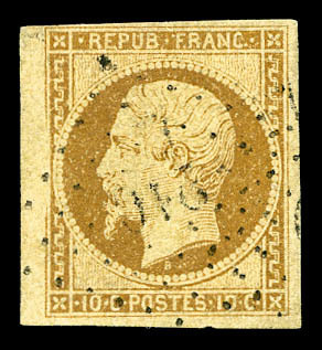 O N°9, 10c Bistre-jaune, Bord De Feuille Latéral. SUP (signé Brun/Calves/certificat)  Cote: 750 Euros  Qualité: O - 1852 Louis-Napoléon