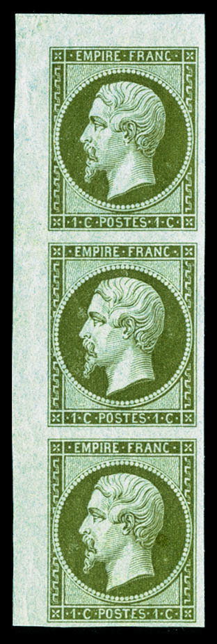 ** N°11, 1c Olive, Bande De 3 Coin De Feuille, Fraîcheur Postale, SUP (certificat)    Qualité: ** - 1853-1860 Napoléon III