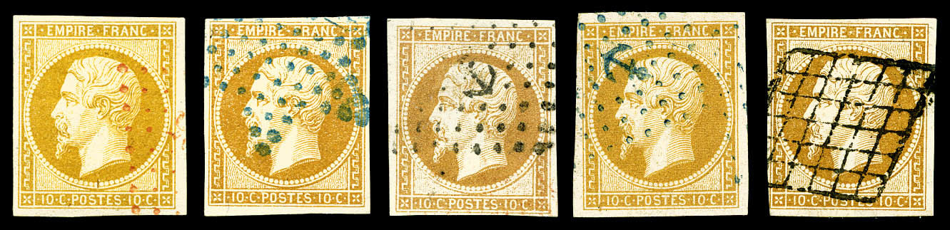 O 10c Bistre: Ensemble D'oblitérations Sur 5 Exemplaires (PC Rouge, étoile Bleue, Grille Et Ancres), TTB  Cote: 485 Euro - 1853-1860 Napoléon III