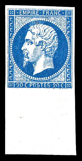 * N°14A, 20c Bleu Type I Bord De Feuille. SUP (signé Brun/certificat)  Cote: 450 Euros  Qualité: * - 1853-1860 Napoléon III