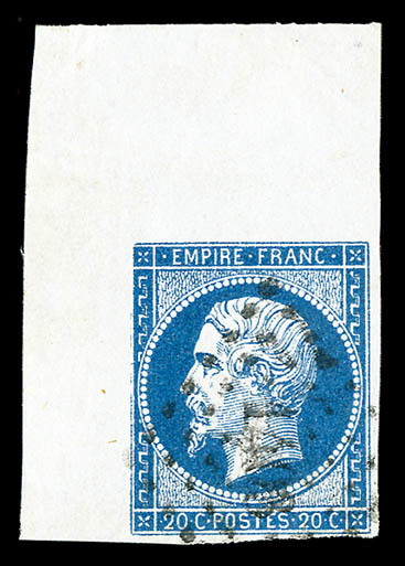 O N°14A, 20c Bleu Type I, Grand Coin De Feuille, SUPERBE ET RARE (signé Brun/certificat)    Qualité: O - 1853-1860 Napoléon III