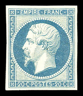 * N°14Af, 20c Bleu Laiteux Type I, Frais. TTB  Cote: 440 Euros  Qualité: * - 1853-1860 Napoléon III