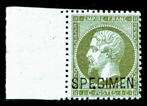 ** N°19f, 1c Olive Surchargé 'SPECIMEN', Bord De Feuille Latéral, Fraîcheur Postale, SUP (certificat)    Qualité: ** - 1862 Napoléon III