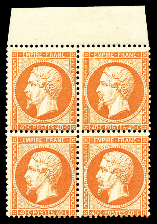 ** N°23b, 40c Orange Vif En Bloc De Quatre Haut De Feuille, Fraîcheur Postale. SUPERBE. R.R. (signé Calves/certificat) - 1862 Napoléon III