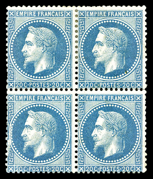 ** N°29B, 20c Bleu Type II, Variété 'cassure Dans Le Cadre' Tenant à Normaux En Bloc De Quatre (2ex*). TTB (signé Brun/M - 1863-1870 Napoléon III Lauré