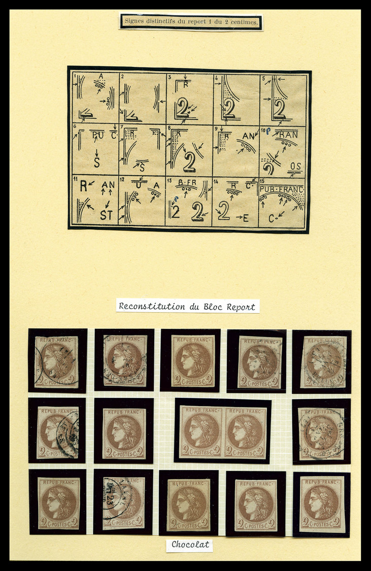 O N°40A, 2c Report 1, Exceptionnelle Reconstitution Du Bloc Report De 15 Exemplaires Composé De 8 Valeurs Neuves Et 7 Ob - 1870 Emission De Bordeaux
