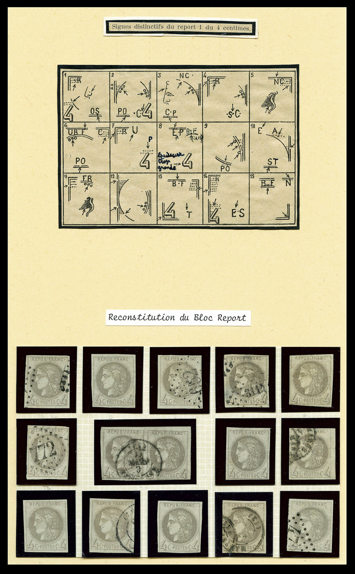 O N°41A, 4c Gris Report 1, Exceptionnelle Reconstitution Du Bloc Report De 15 Exemplaires Dont 5 Valeurs Neuves Et 10 Ob - 1870 Emission De Bordeaux