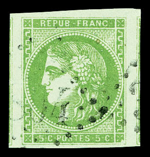 O N°42B, 5c Vert-jaune Rep 2, Belles Marges Avec 2 Voisins. SUP (signé Scheller/certificat)    Qualité: O - 1870 Emission De Bordeaux