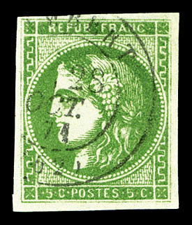 O N°42Ba, 5c Vert-jaune Foncé Obl Càd, Jolie Nuance. TTB (signé Scheller)  Cote: 475 Euros  Qualité: O - 1870 Emission De Bordeaux