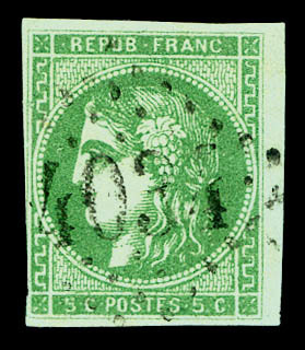 O N°42Bb, 5c Vert émeraude Foncé, Filet De Gauche Partiellement Touché. (signé Scheller/certificat)  Cote: 1200 Euros  Q - 1870 Emission De Bordeaux