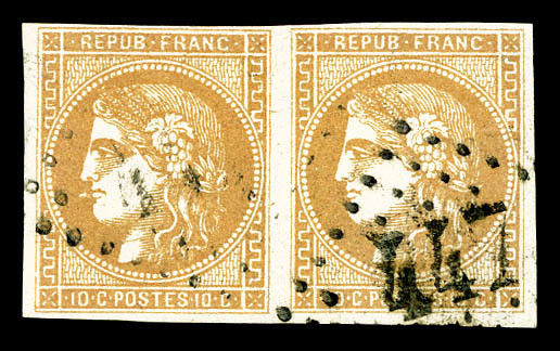 O N°43B, 10c Bistre-jaune Rep 2 En Paire, TB  Cote: 250 Euros  Qualité: O - 1870 Emission De Bordeaux
