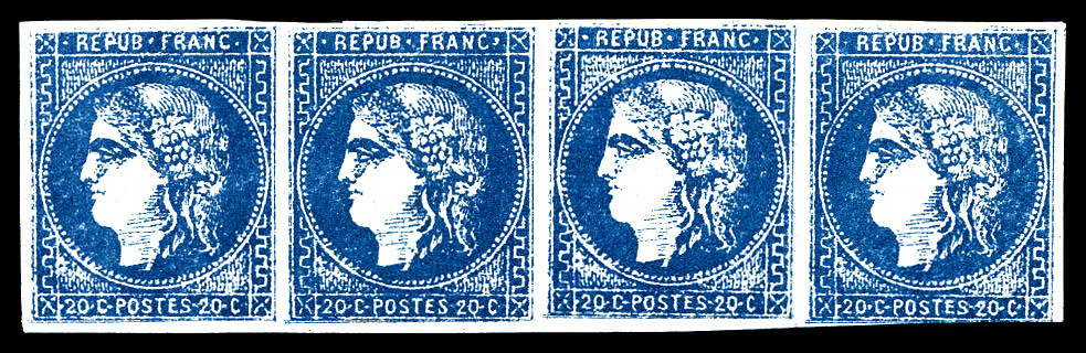 ** N°46B, 20c Bleu Foncé 'Faux De Marseille' En Bande De Quatre (1ex*). SUP (certificat)    Qualité: ** - 1870 Emission De Bordeaux