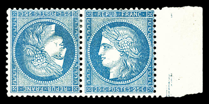 * N°60Ab, 25c Bleu En Paire Tête-bêche, Bord De Feuille Latéral, Grande Fraîcheur, Exceptionnelle Qualité. SUPERBE. R.R. - 1871-1875 Cérès